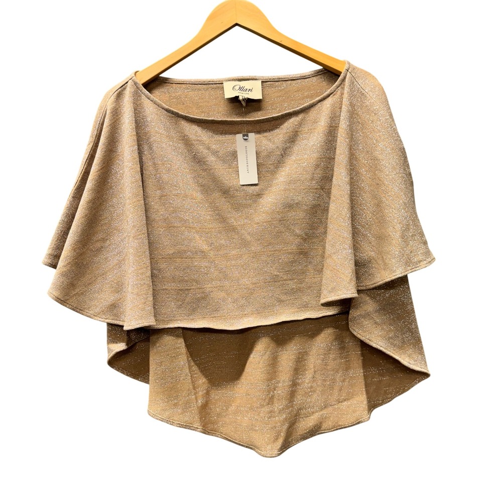 Ollari Poncho Womens One Size Metallic Knit Taupe Shimmer Cape Glam NEW